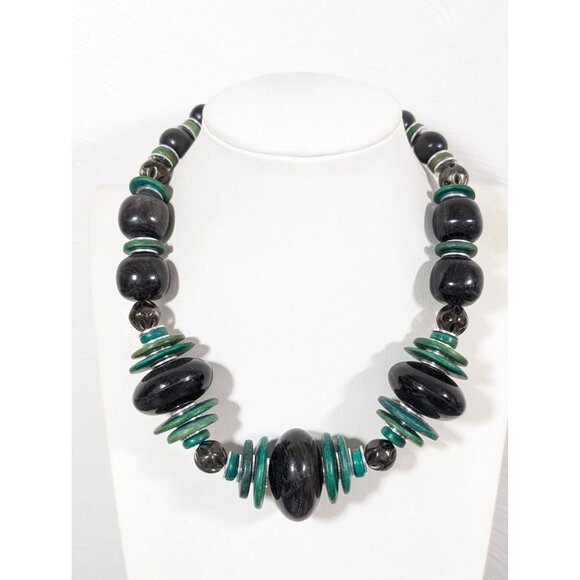 Vintage Green Black Beaded Chunky Tribal Statement Necklace 17" - Picture 1 of 8